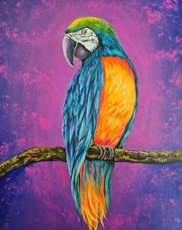 Painting titled "Ricky Parrot Macaw" by Eugenia Chicu Touma, Original Artwork, Acrylic Mounted on Wood Stretcher frame