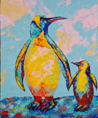 Painting titled "Penguin mom" by Eugenia Chicu Touma, Original Artwork, Acrylic Mounted on Wood Stretcher frame