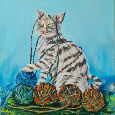 Painting titled "Naughty Cat" by Eugenia Chicu Touma, Original Artwork, Acrylic Mounted on Wood Stretcher frame