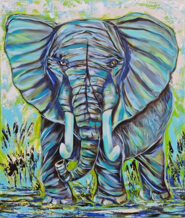 Painting titled "Elephant Ahmed" by Eugenia Chicu Touma, Original Artwork, Acrylic Mounted on Wood Stretcher frame