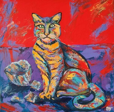 Ζωγραφική με τίτλο "Naughty Cat and bro…" από Eugenia Chicu Touma, Αυθεντικά έργα τέχνης, Ακρυλικό Τοποθετήθηκε στο Ξύλινο φ…