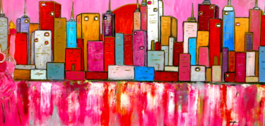 Painting titled "Pink Manhattan" by Eugenia Delad, Original Artwork, Acrylic