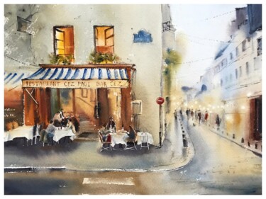 Peinture intitulée "Restaurant in Paris" par Eugenia Gorbacheva, Œuvre d'art originale, Aquarelle