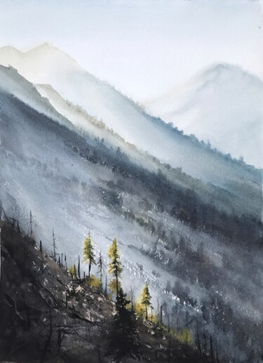 Schilderij getiteld "Mountain mist" door Eugenia Gorbacheva, Origineel Kunstwerk, Aquarel