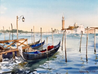 Painting titled "Gondolas in Venice" by Eugenia Gorbacheva, Original Artwork, Watercolor