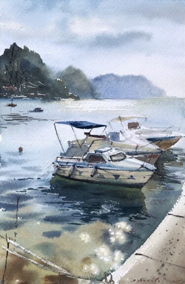 Painting titled "Boats, Montenegro" by Eugenia Gorbacheva, Original Artwork, Watercolor