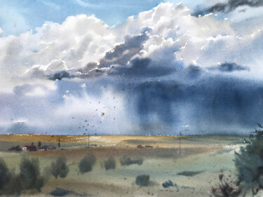 Painting titled "Field and sky" by Eugenia Gorbacheva, Original Artwork, Watercolor
