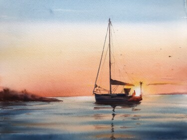 Painting titled "Sailing yacht and f…" by Eugenia Gorbacheva, Original Artwork, Watercolor