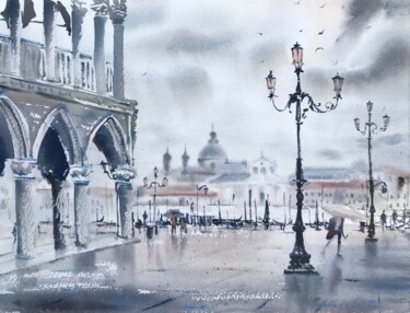 Картина под названием "Rain in St. Mark's…" - Eugenia Gorbacheva, Подлинное произведение искусства, Акварель