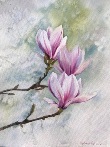 Pittura intitolato "Magnolia Flowers" da Eugenia Gorbacheva, Opera d'arte originale, Acquarello