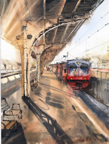 Картина под названием "Platform with a tra…" - Eugenia Gorbacheva, Подлинное произведение искусства, Акварель