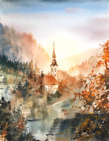Картина под названием "Church in Switzerla…" - Eugenia Gorbacheva, Подлинное произведение искусства, Акварель