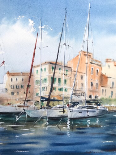 Painting titled "Moored yachts #2" by Eugenia Gorbacheva, Original Artwork, Watercolor