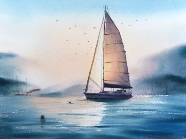 Painting titled "Yacht anchored" by Eugenia Gorbacheva, Original Artwork, Watercolor