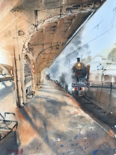 Painting titled "Platform with a ste…" by Eugenia Gorbacheva, Original Artwork, Watercolor