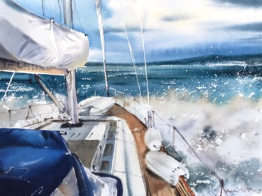 Картина под названием "On the yacht" - Eugenia Gorbacheva, Подлинное произведение искусства, Акварель