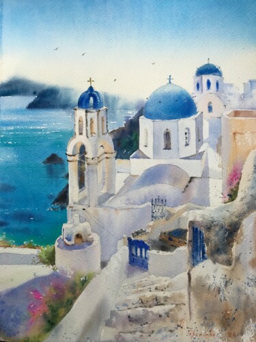 Painting titled "Santorini, Greece" by Eugenia Gorbacheva, Original Artwork, Watercolor