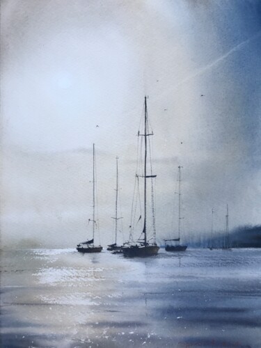 Painting titled "Yachts at anchor" by Eugenia Gorbacheva, Original Artwork, Watercolor