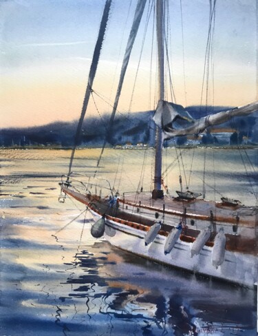 Painting titled "Yacht before sunset" by Eugenia Gorbacheva, Original Artwork, Watercolor