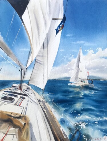 Painting titled "Sailboat with a blot" by Eugenia Gorbacheva, Original Artwork, Watercolor