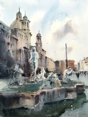 Malarstwo zatytułowany „Fontana del Moro at…” autorstwa Eugenia Gorbacheva, Oryginalna praca, Akwarela