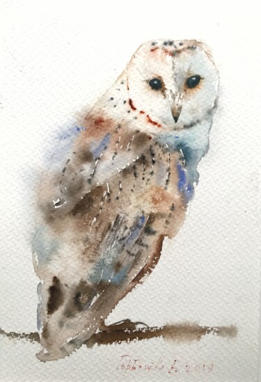 Painting titled "Owl on a branch" by Eugenia Gorbacheva, Original Artwork, Watercolor