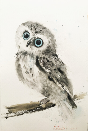 Pintura intitulada "Little owl on a bra…" por Eugenia Gorbacheva, Obras de arte originais, Aquarela