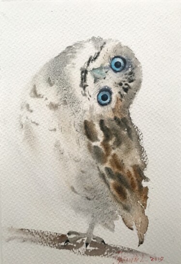 Картина под названием "Little owl on a bra…" - Eugenia Gorbacheva, Подлинное произведение искусства, Акварель