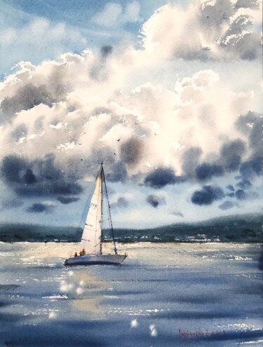 Painting titled "Sailboat And Clouds" by Eugenia Gorbacheva, Original Artwork, Watercolor
