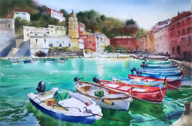 Pintura intitulada "Coastal Town - Cust…" por Eugenia Gorbacheva, Obras de arte originais, Aquarela