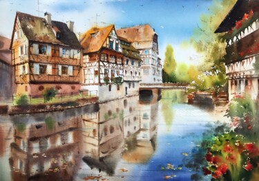 Painting titled "Town on the river -…" by Eugenia Gorbacheva, Original Artwork, Watercolor