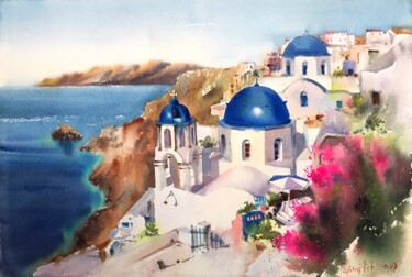 Painting titled "Santorini Island, G…" by Eugenia Gorbacheva, Original Artwork, Watercolor