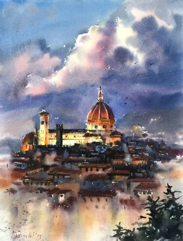 Pittura intitolato "Night Florence" da Eugenia Gorbacheva, Opera d'arte originale, Acquarello