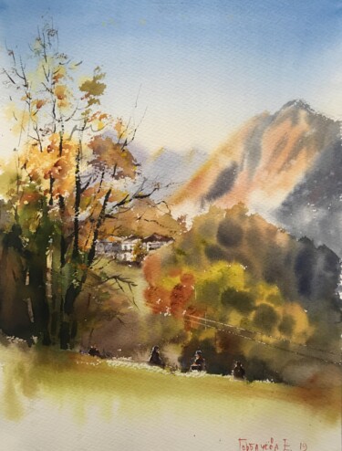 Painting titled "Autumn tree at the…" by Eugenia Gorbacheva, Original Artwork, Watercolor