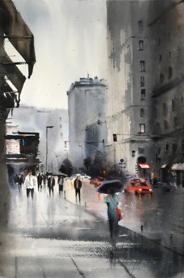 Картина под названием "Street of New York" - Eugenia Gorbacheva, Подлинное произведение искусства, Акварель