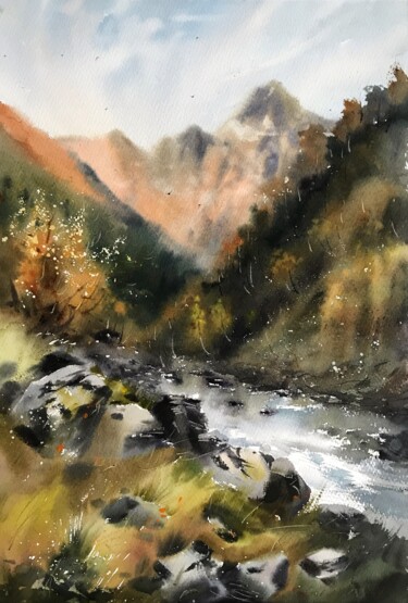 Peinture intitulée "Mountain Creek" par Eugenia Gorbacheva, Œuvre d'art originale, Aquarelle