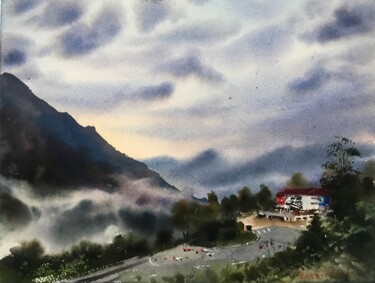 Painting titled "Fog at the mountain…" by Eugenia Gorbacheva, Original Artwork, Watercolor