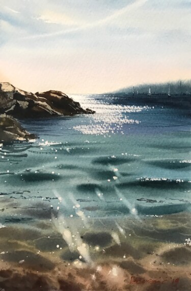 Pintura intitulada "Sun glare on the sea" por Eugenia Gorbacheva, Obras de arte originais, Aquarela