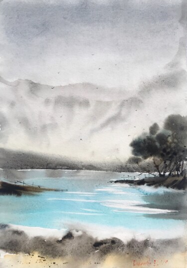 Malerei mit dem Titel "Lake nordic #1" von Eugenia Gorbacheva, Original-Kunstwerk, Aquarell