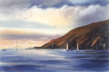 Painting titled "Yachts along the co…" by Eugenia Gorbacheva, Original Artwork, Watercolor