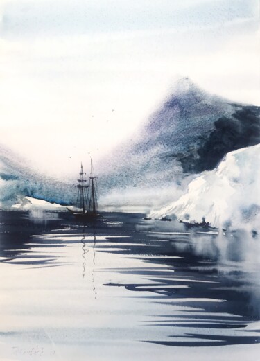Pittura intitolato "Ship and glacier" da Eugenia Gorbacheva, Opera d'arte originale, Acquarello