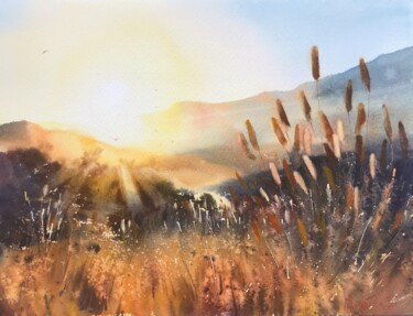 Painting titled "Sun in the mountains" by Eugenia Gorbacheva, Original Artwork, Watercolor