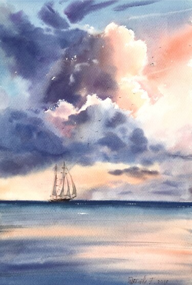 Painting titled "Pink Clouds #2" by Eugenia Gorbacheva, Original Artwork, Watercolor