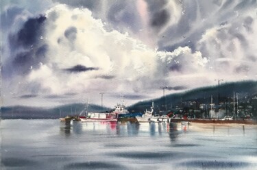 Painting titled "Moored yachts and c…" by Eugenia Gorbacheva, Original Artwork, Watercolor