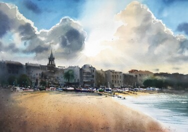 Peinture intitulée "Beach in Palamos" par Eugenia Gorbacheva, Œuvre d'art originale, Aquarelle