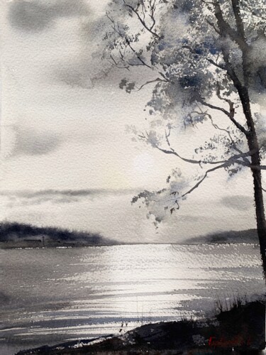 Malerei mit dem Titel "Tree, Lake Narach,…" von Eugenia Gorbacheva, Original-Kunstwerk, Aquarell