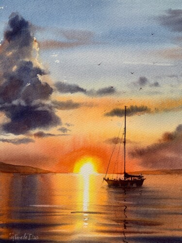 Painting titled "Sailing yacht and f…" by Eugenia Gorbacheva, Original Artwork, Watercolor