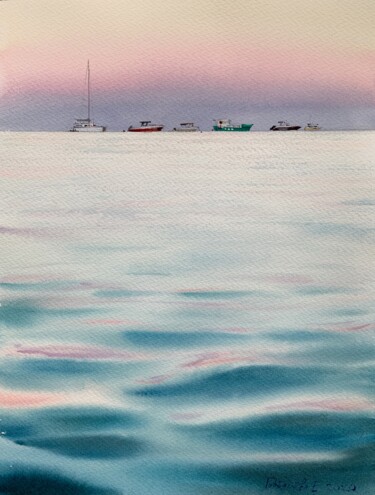 Painting titled "Pink sunset and tur…" by Eugenia Gorbacheva, Original Artwork, Watercolor