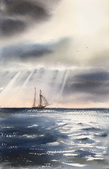 Painting titled "Ship and sun rays" by Eugenia Gorbacheva, Original Artwork, Watercolor