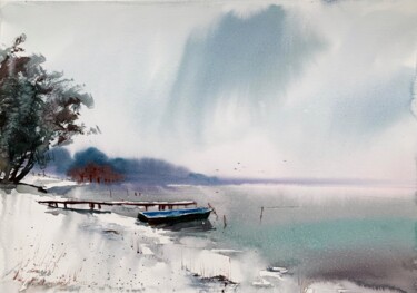 Картина под названием "Boat on Lake Narach…" - Eugenia Gorbacheva, Подлинное произведение искусства, Акварель